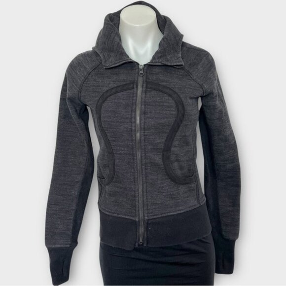 LULULEMON Scuba Hoodie Heathered Grey Black Fleece Lined Thumbholes Size 4 - Picture 1 of 9